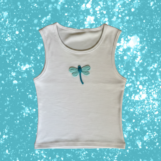 Blue Dragonfly White Tank